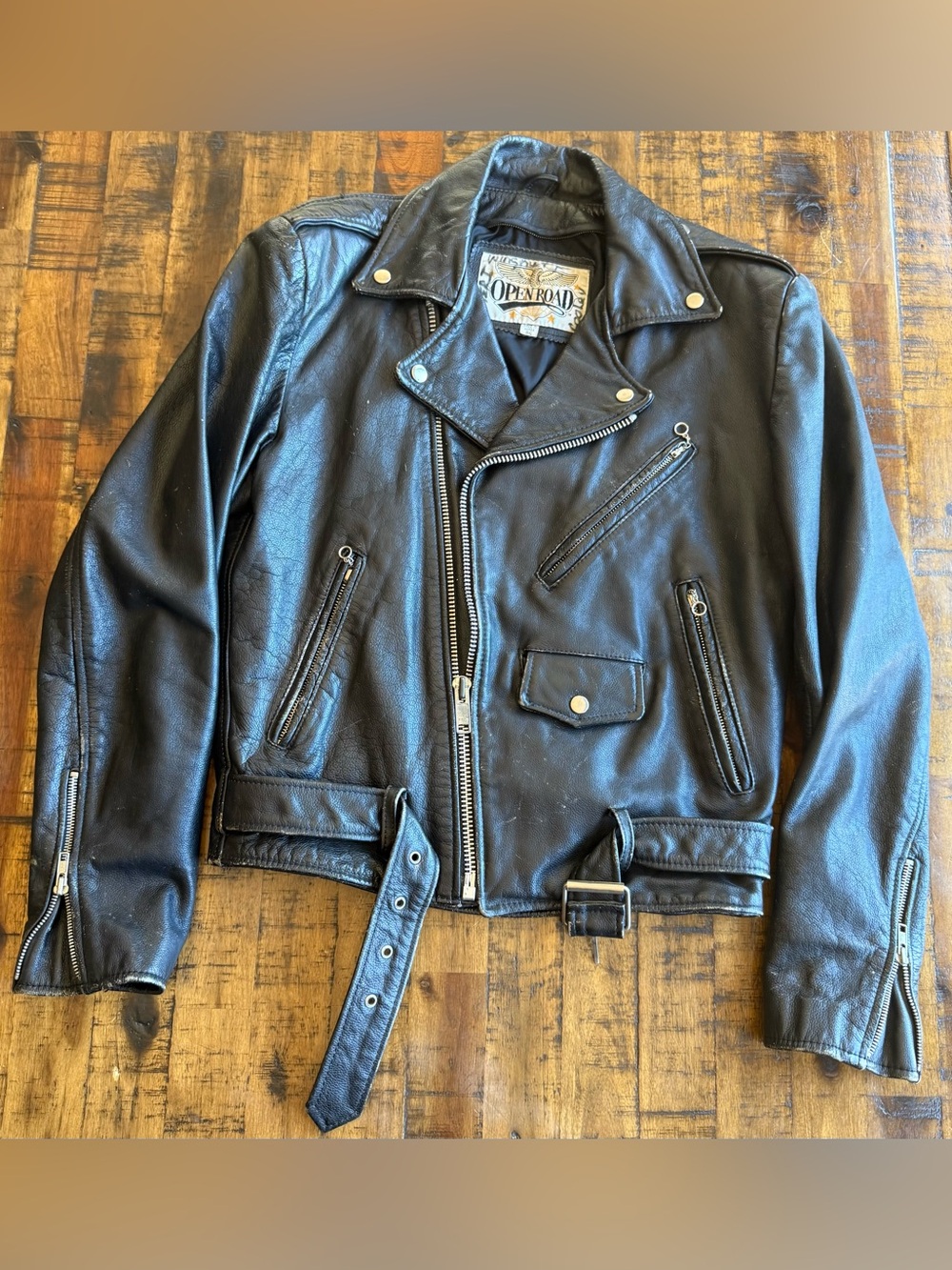 Vintage Open Road Men’s S Black Genuine Leather Biker Moto Jacket